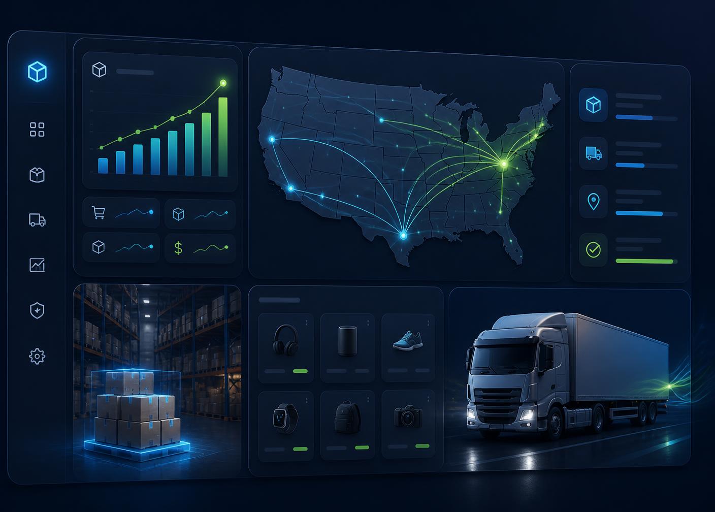 Zanelo Dropship Pvt Ltd warehouse dashboard showing US shipping routes, live order analytics, and same-day fulfillment